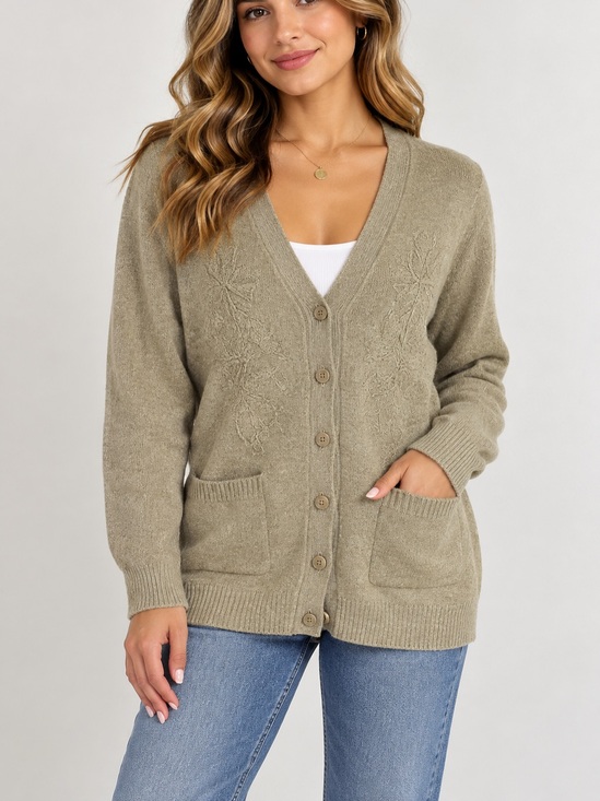 HBK1 Sweaters - Oatmeal Heathered knit Cardigan Boho Sweater Grandma Bottoms Front Pockets L